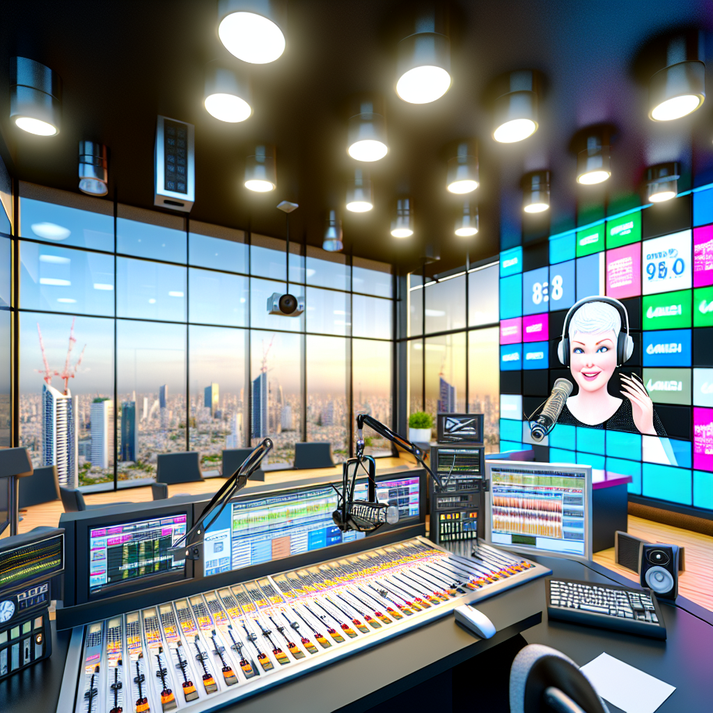 Estudio de radio con anuncios digitales.
