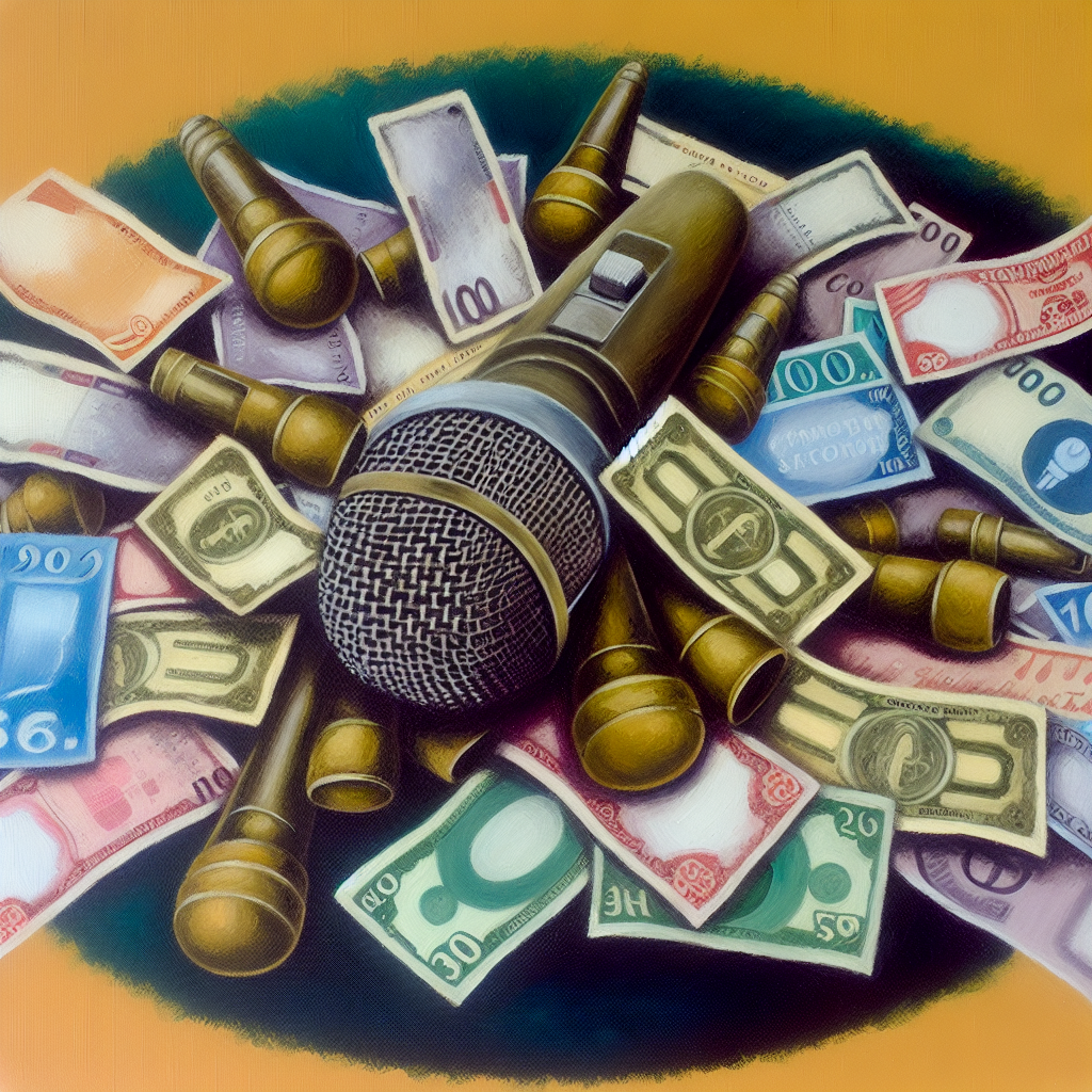 Micrófono rodeado de billetes y publicidad.