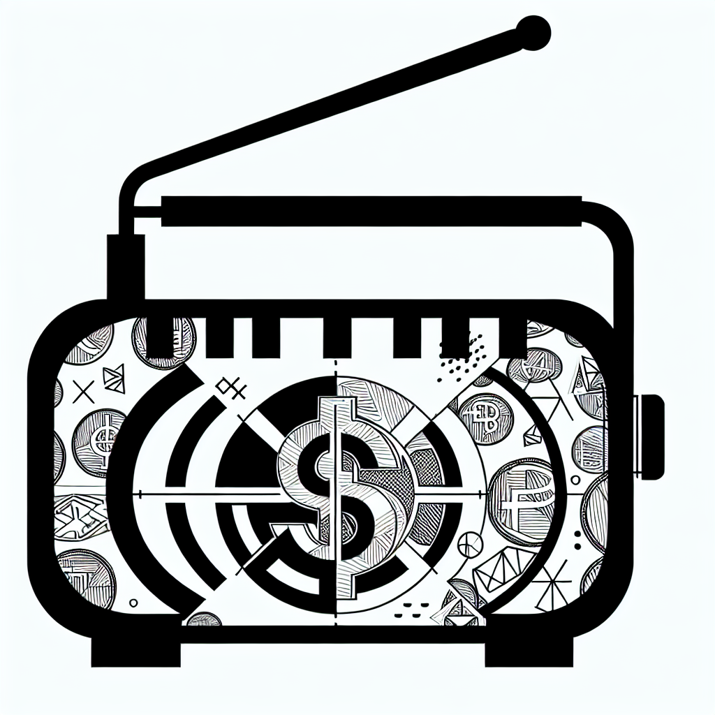 Radio online con símbolos de dinero.